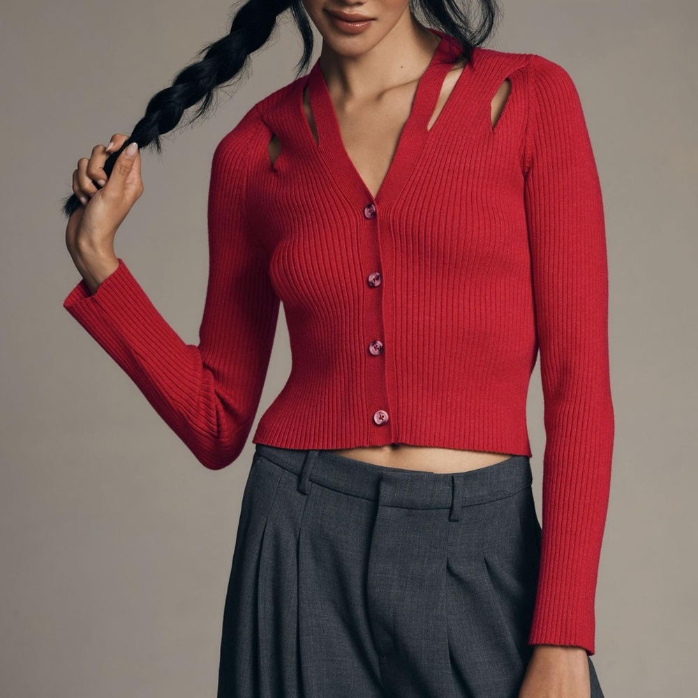 Red Ribbed Button-Up Cardigan